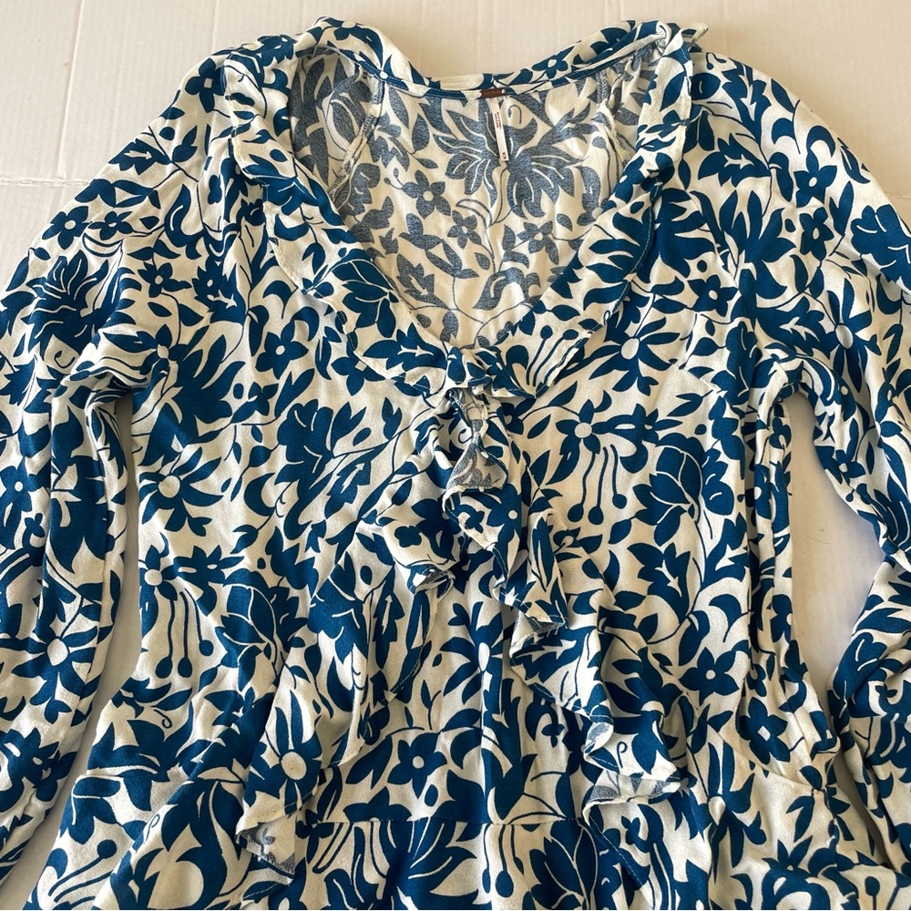 Free People Rebecca Blue and White Ruffled Floral Long Sleeve Dress Size M - Picture 5 of 14